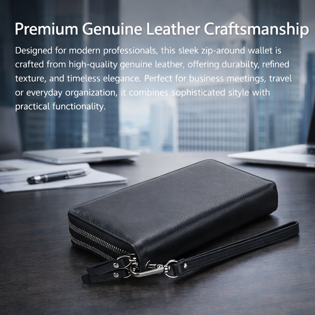 Genuine Leather Double Zip Around Wallet – Large Capacity RFID Blocking Wristlet Wallet for Men & Women, Multi-Card Organizer with Coin Pocket and Phone Compartment