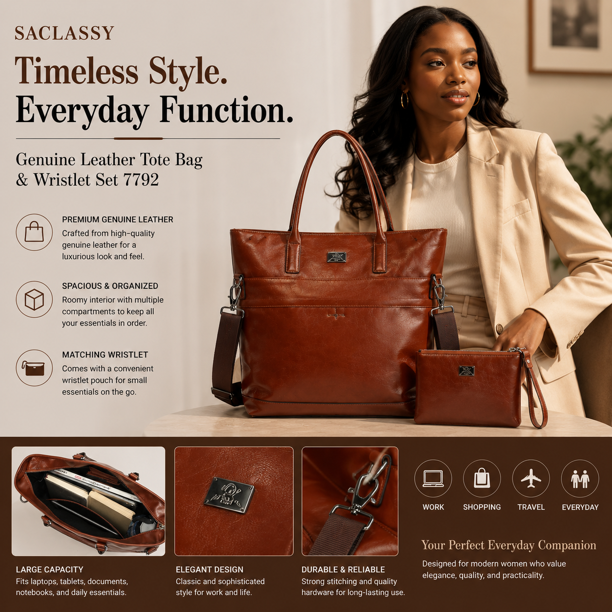 2 Piece Handbag Set - SACLASSY Genuine Leather Tote Bag with Matching Wristlet Pouch 7792