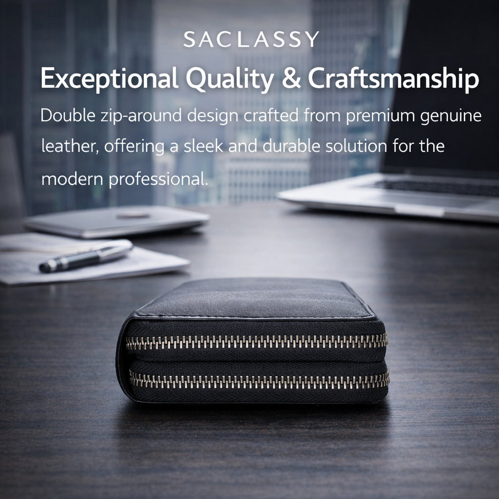 Genuine Leather Double Zip Around Wallet – Large Capacity RFID Blocking Wristlet Wallet for Men & Women, Multi-Card Organizer with Coin Pocket and Phone Compartment