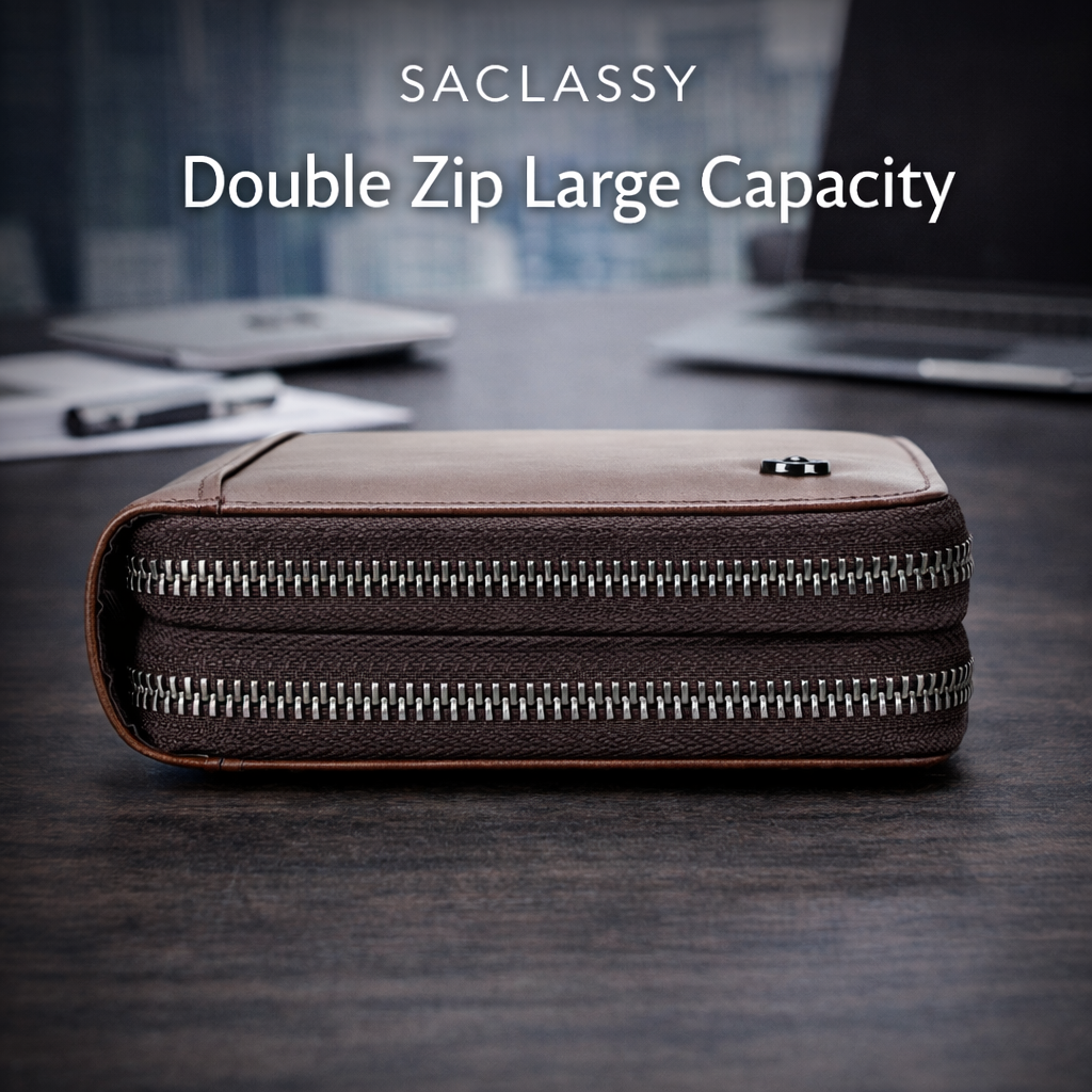SACLASSY Genuine Leather Double Zip Wallet – Premium Large Capacity Wristlet Organizer for Men & Women, Multi-Card Holder with Cash Compartments, Phone Pocket and Coin Zipper