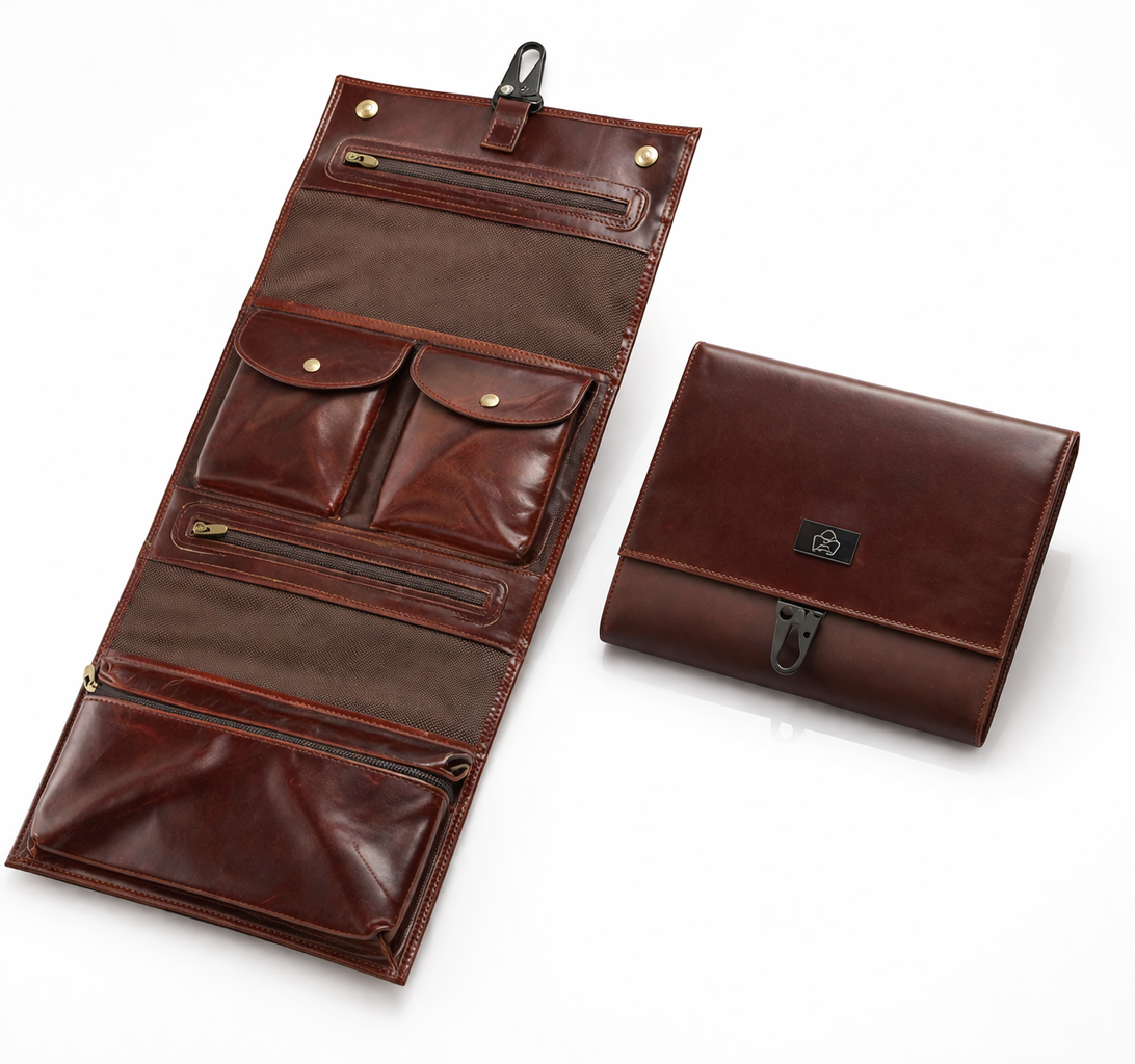 SACLASSY Genuine Leather Hanging Toiletry Bag Travel Organizer with Multiple Pockets and Hook for Men and Women 3340