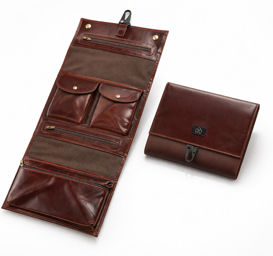 SACLASSY Genuine Leather Hanging Toiletry Bag Travel Organizer with Multiple Pockets and Hook for Men and Women 3340