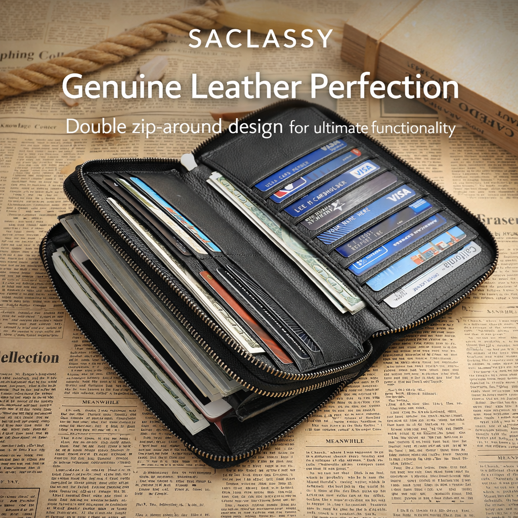 Genuine Leather Double Zip Around Wallet – Large Capacity RFID Blocking Wristlet Wallet for Men & Women, Multi-Card Organizer with Coin Pocket and Phone Compartment