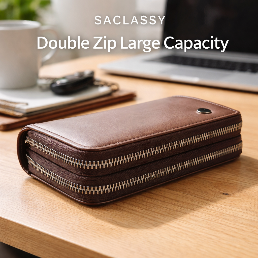 SACLASSY Genuine Leather Double Zip Wallet – Premium Large Capacity Wristlet Organizer for Men & Women, Multi-Card Holder with Cash Compartments, Phone Pocket and Coin Zipper