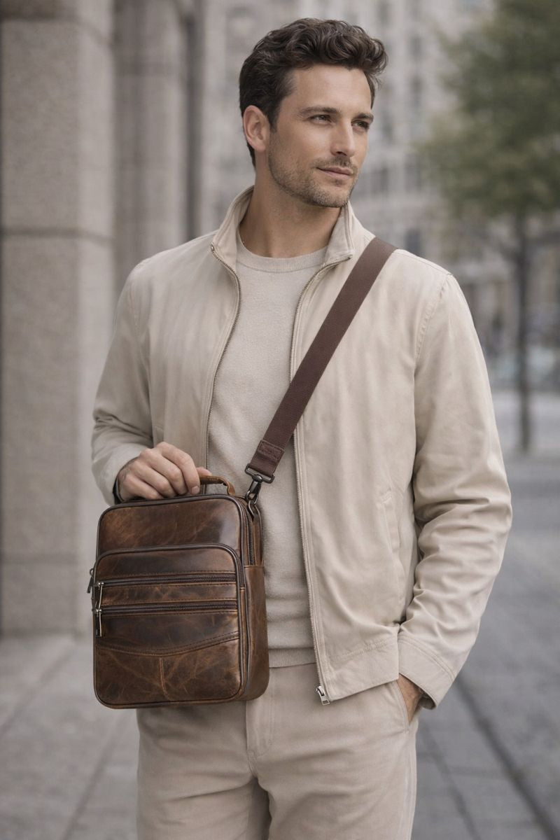 SACLASSY Genuine Leather Messenger Shoulder Crossbody Functional Bag 6199