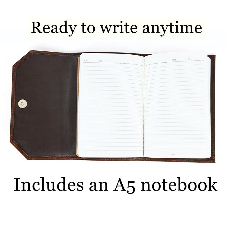 Open A5 notebook with brown leather cover on a white background, text 'Ready to write anytime' and 'Includes an A5 notebook'.