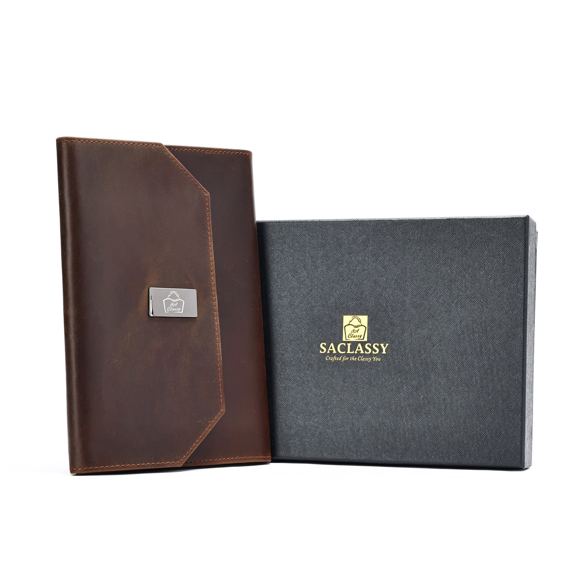 Brown leather and black fabric cover with 'SACLASSY' branding on a white background